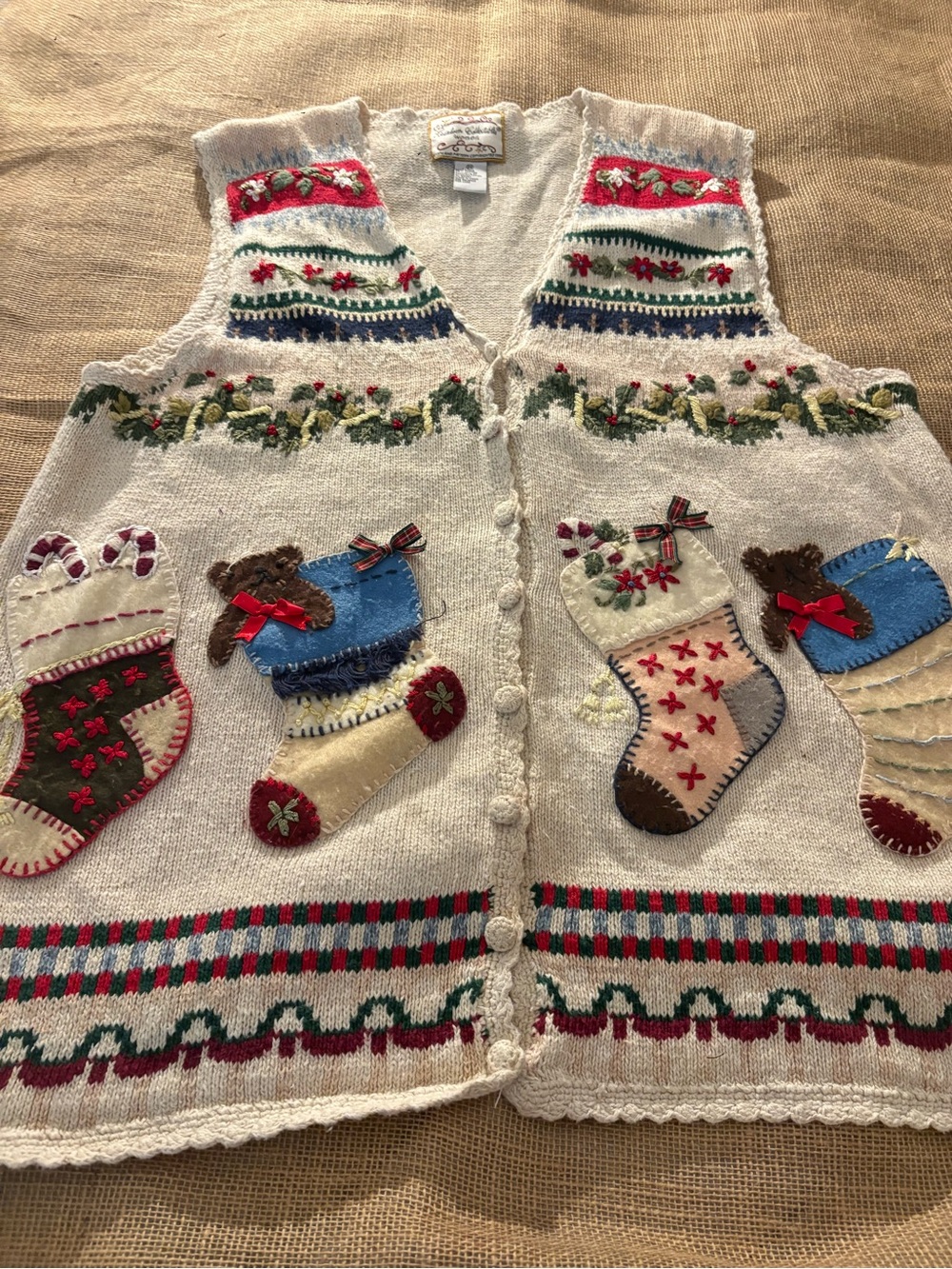 Cream Holiday Stocking Appliqué Sweater Vest